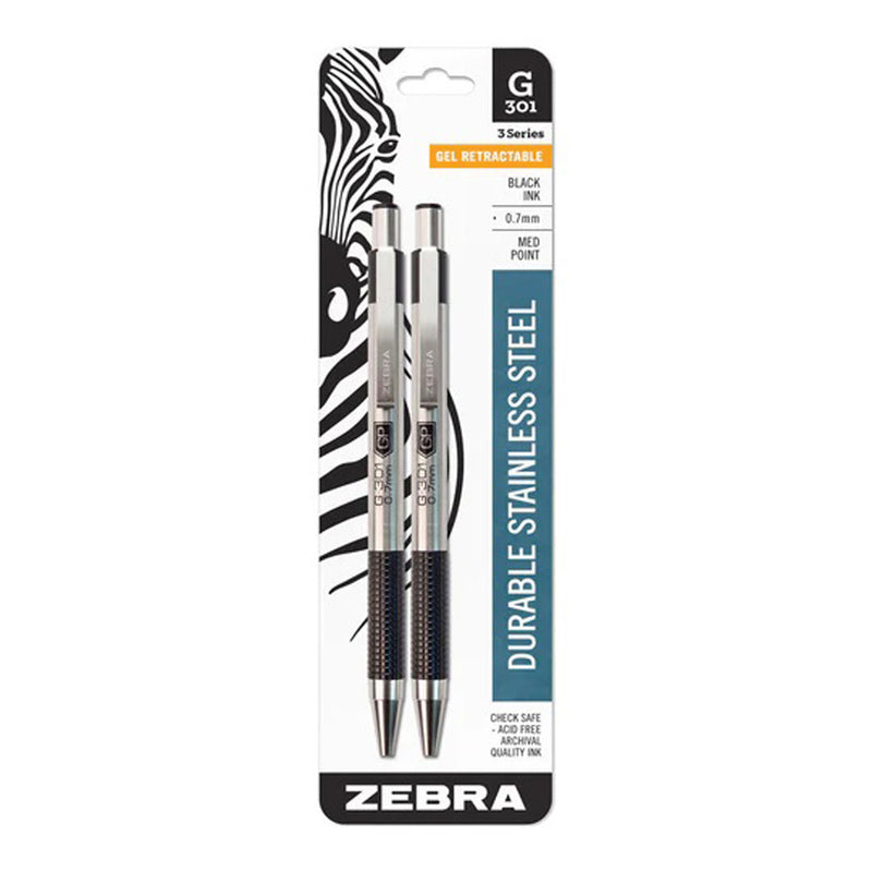 Pk/2 Zebra G-301 Metal Barrel Retractable Gel Pens, Black