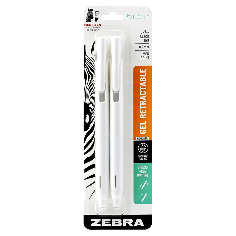 Pack/2 Zebra bLen Retractable Gel Pens, Black Ink, White Barrel