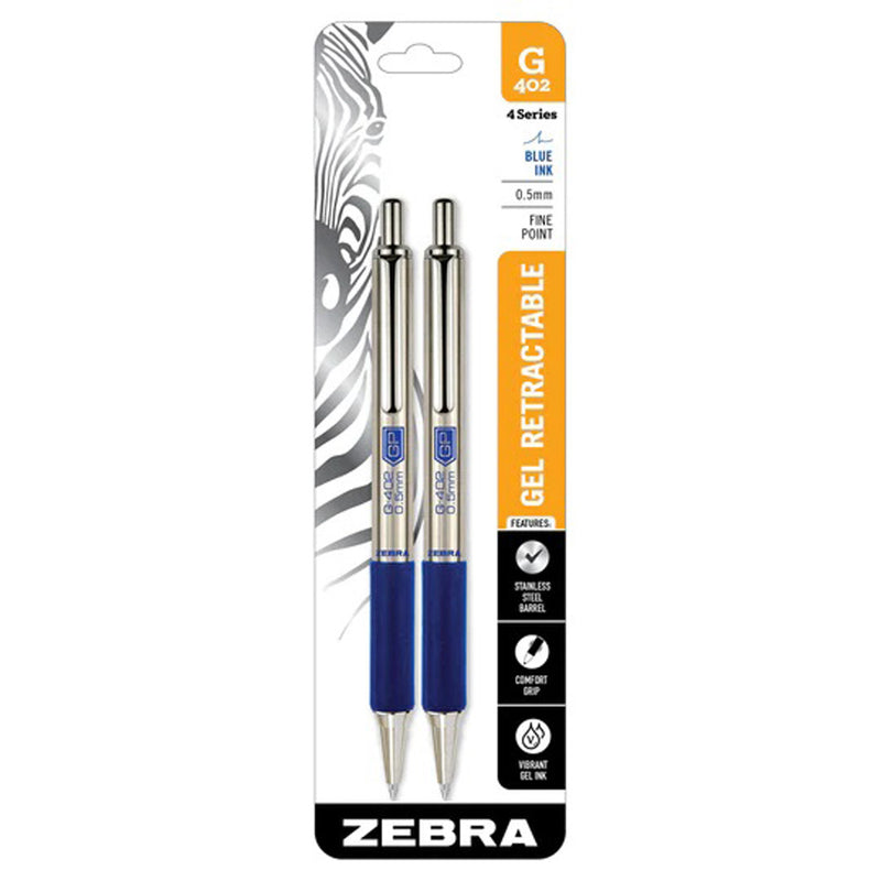Pk/2 Zebra G-402 Metal Barrel Retractable Gel Pens, Blue