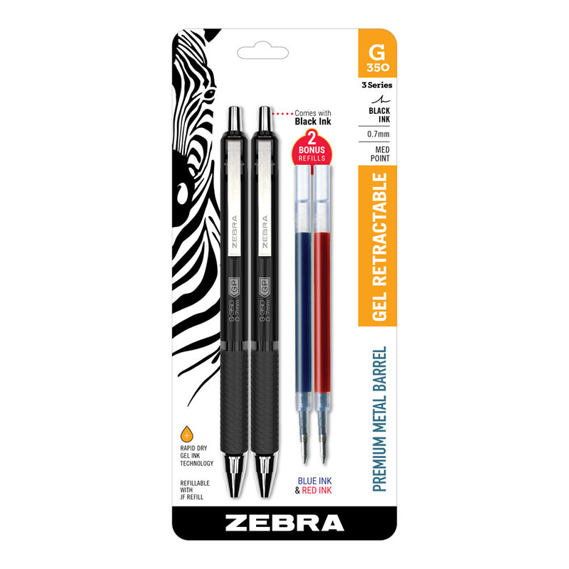 Pk/2 Zebra G-350 Metal Barrel Retractable Gel Pens, Space Black