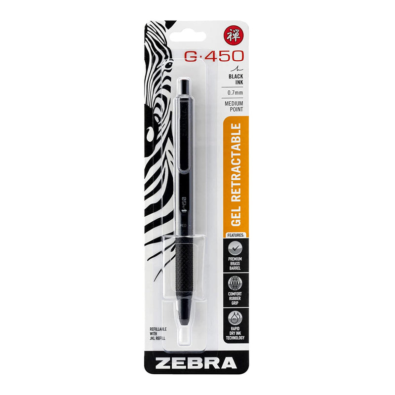 Zebra G-450 Premium Metal Barrel Retractable Gel Pen, Rubber Grip, Black