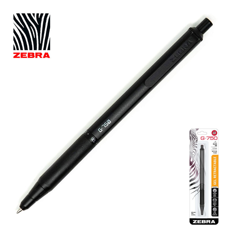 Zebra G-750 Premium Metal Barrel Retractable Gel Pen, Knurled Grip, Black