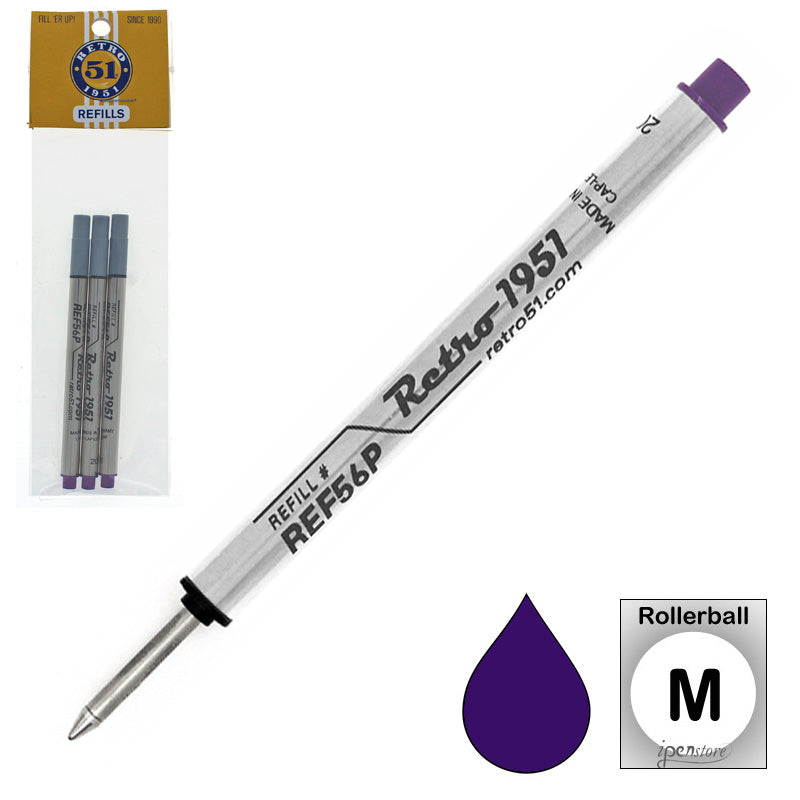 Pk/3 Retro 51 REF56P-B Capless Rollerball Refills for Tornado Pens, Purple