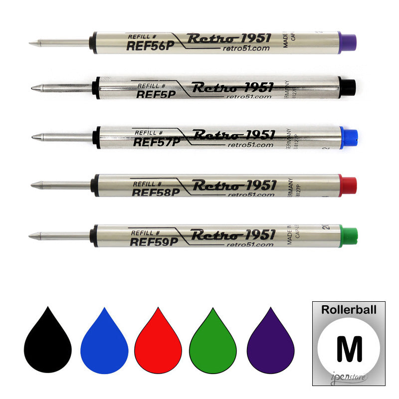 Pk/5 Retro 51 Rollerball Refills Tornado Pens, Black-Blue-Red-Green-Purple