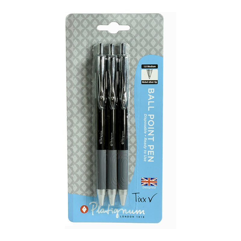 Pk/3 Platignum Tixx Soft Grip Ballpoint Pens, Black