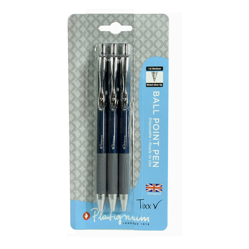 Pk/3 Platignum Tixx Soft Grip Ballpoint Pens, Blue