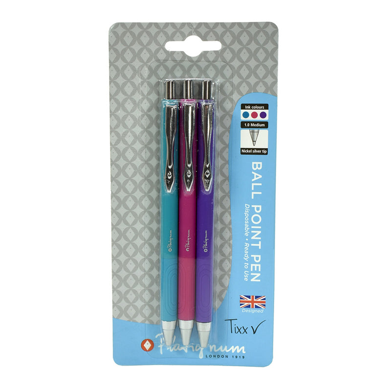 Pk/3 Platignum Tixx Soft Grip Ballpoint Pens, Purple-Pink-Turquoise