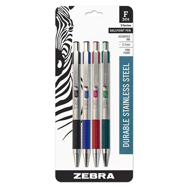 Pk/4 Zebra F-301 Stainless Steel Barrel Ballpoint Pens, Black-Blue-Red-Green