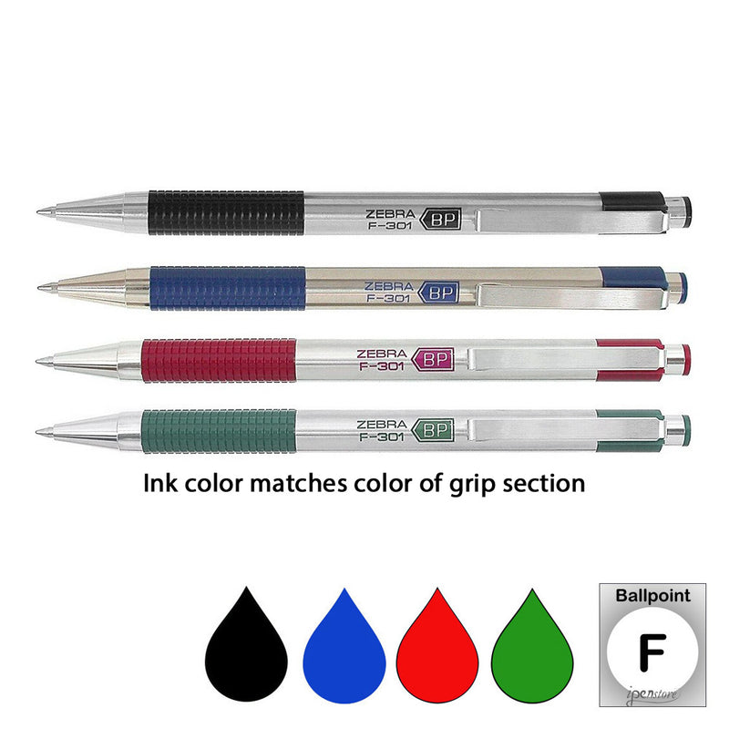 Pk/4 Zebra F-301 Stainless Steel Barrel Ballpoint Pens, Black-Blue-Red-Green