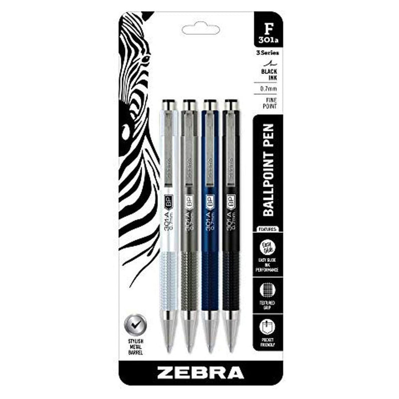 Pk/4 Zebra F-301A Brushed Aluminum Barrel Ballpoint Pens