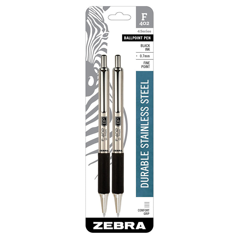 Pk/2 Zebra F-402 Stainless Steel Barrel Ballpoint Pens, Comfort Grip, Black