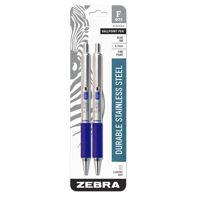Pk/2 Zebra F-402 Stainless Steel Barrel Ballpoint Pens, Comfort Grip, Blue