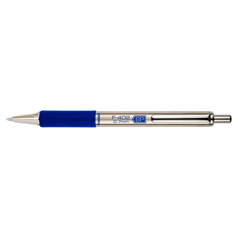 Pk/2 Zebra F-402 Stainless Steel Barrel Ballpoint Pens, Comfort Grip, Blue