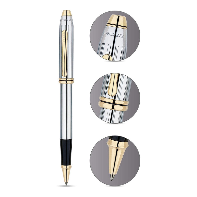 Cross Townsend Medalist Rollerball Pen, Chrome/Gold + Leather Pen Case