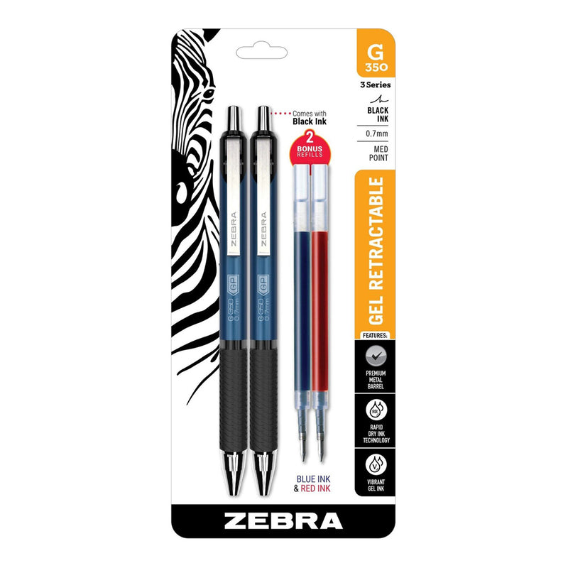 Pk/2 Zebra G-350 Metal Barrel Retractable Gel Pens, Cobalt Blue