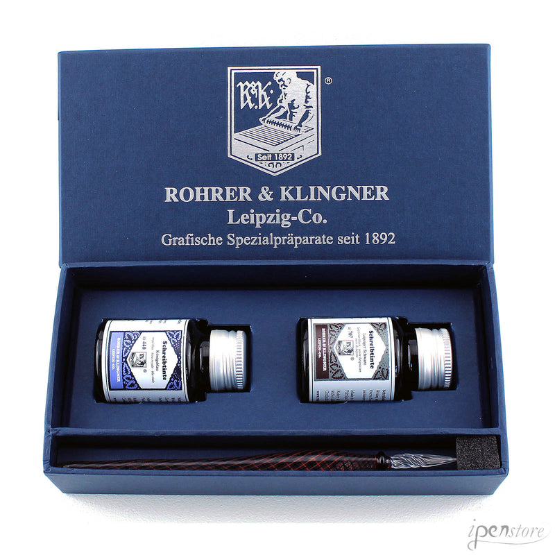 Rohrer & Klingner Writing Set, Royal Blue & Black Inks w/Glass Dip Pen