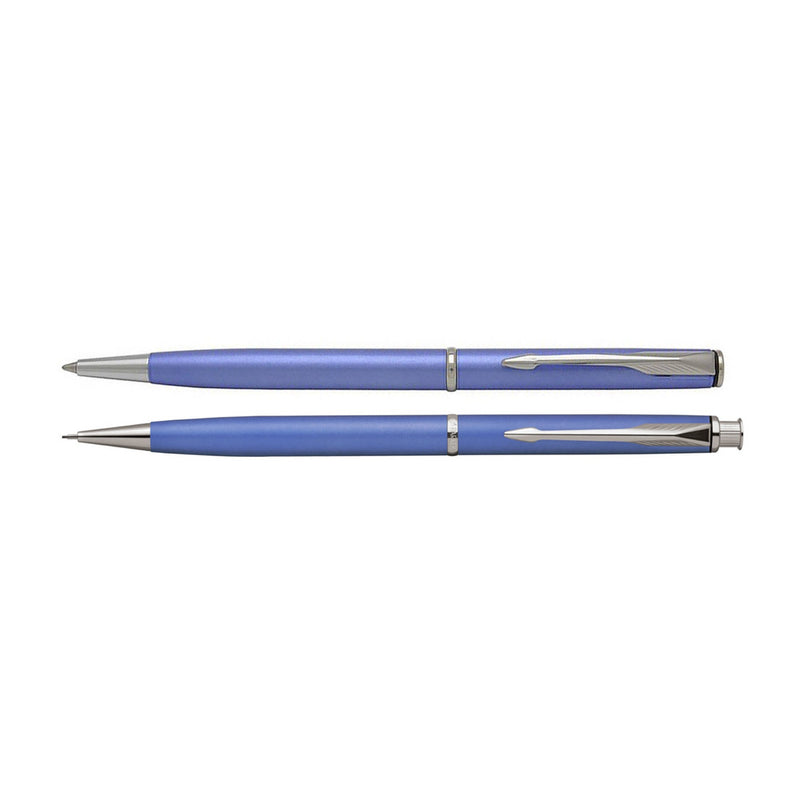 2004 Parker Insignia Ballpoint Pen & Pencil Set, Winter Blue, Chrome Trims