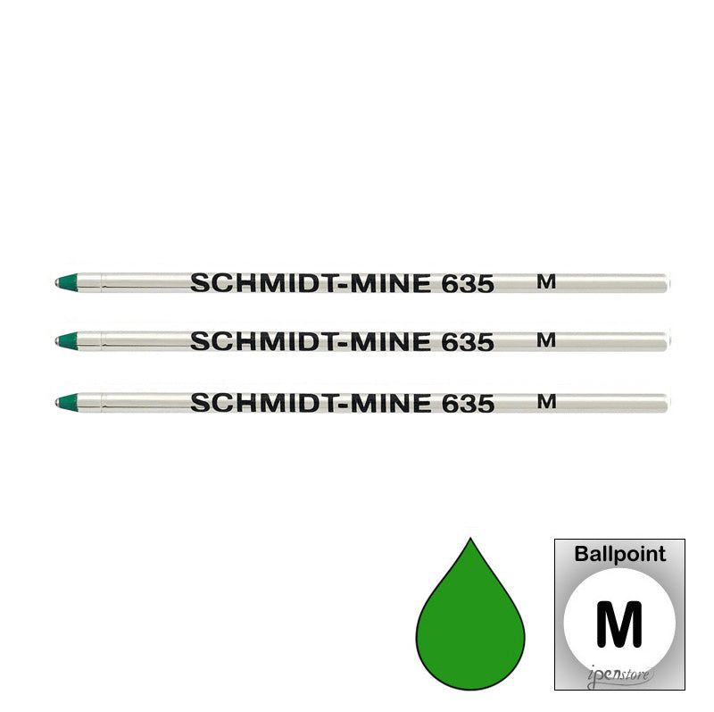 3 Pack - Schmidt 635 D1 Ballpoint Refills for Mini & Multi-Pens, Green Medium