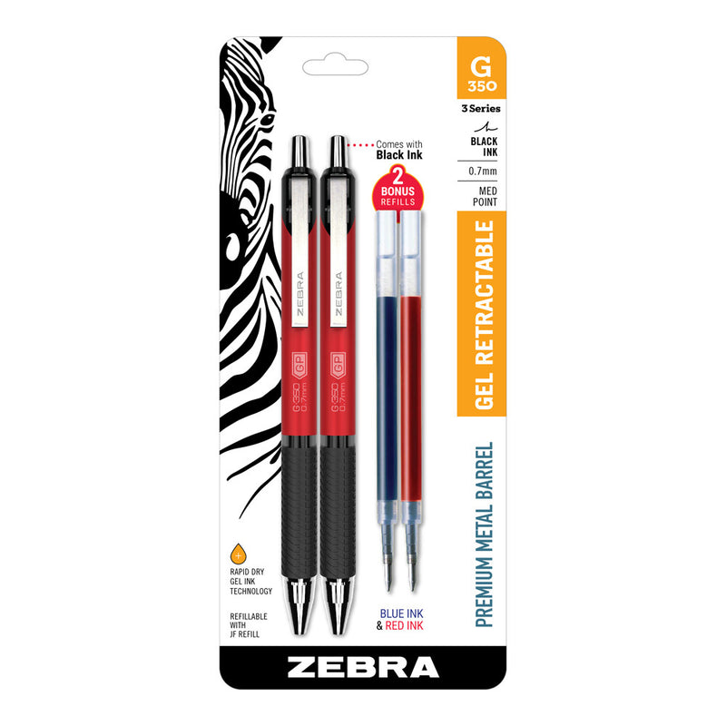 Pk/2 Zebra G-350 Metal Barrel Retractable Gel Pens, Crimson Red