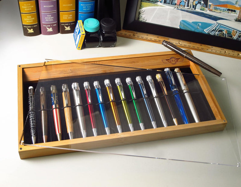 Retro 51 Bamboo Display Tray with Clear Cover for 16 Pens
