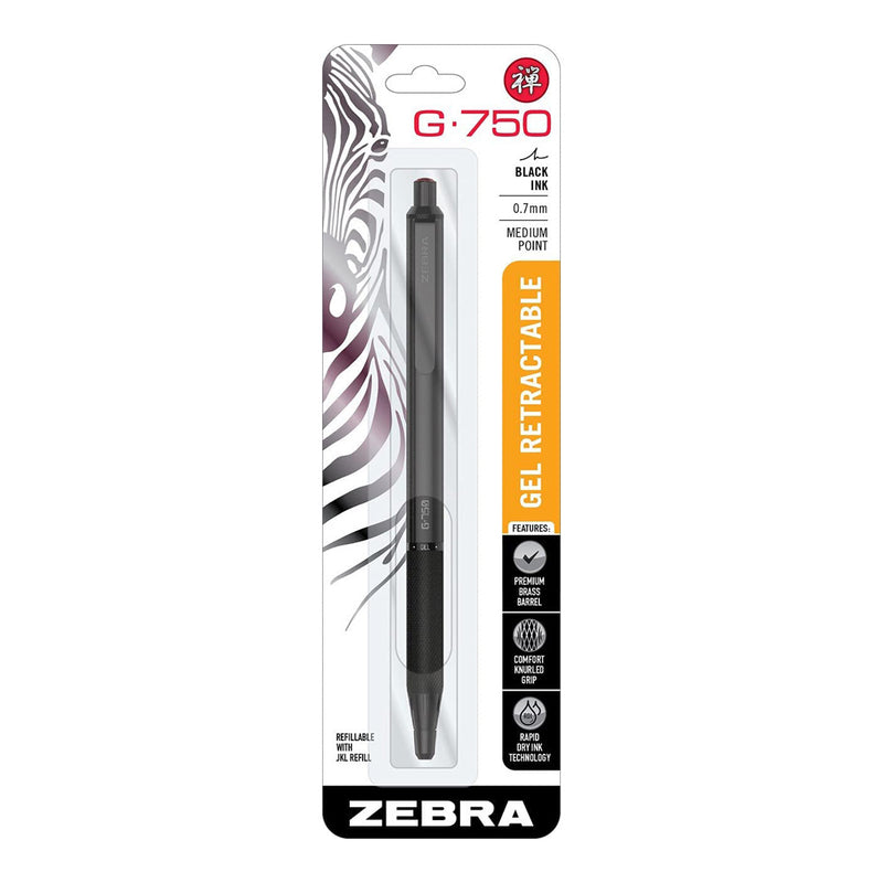 Zebra G-750 Premium Metal Barrel Retractable Gel Pen, Knurled Grip, Black
