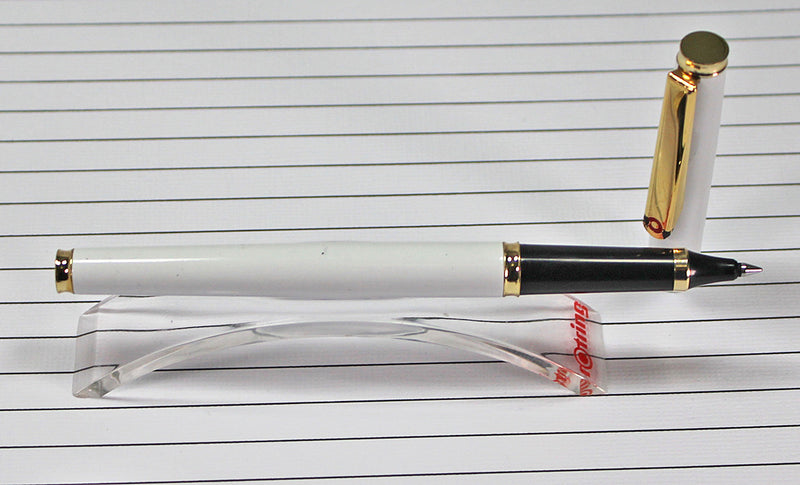 Vintage 1980's Rotring Rollerball Pen, White Lacquer, Gold Trims, Scratched Clip
