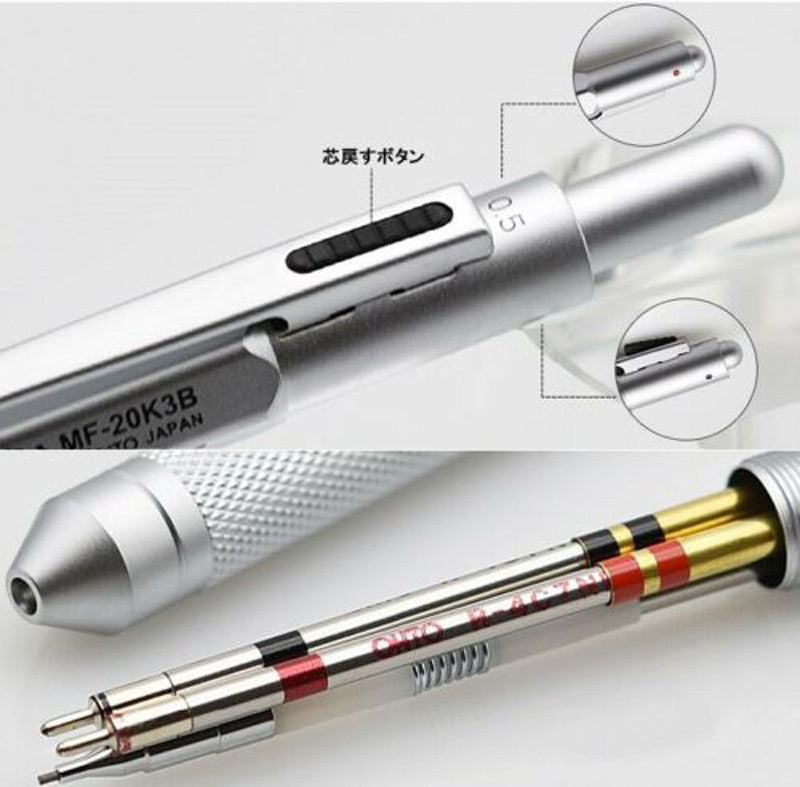 Ohto 3-in-1 Multi-function Ballpoint Pen/Pencil, Knurled Grip, Matte Silver