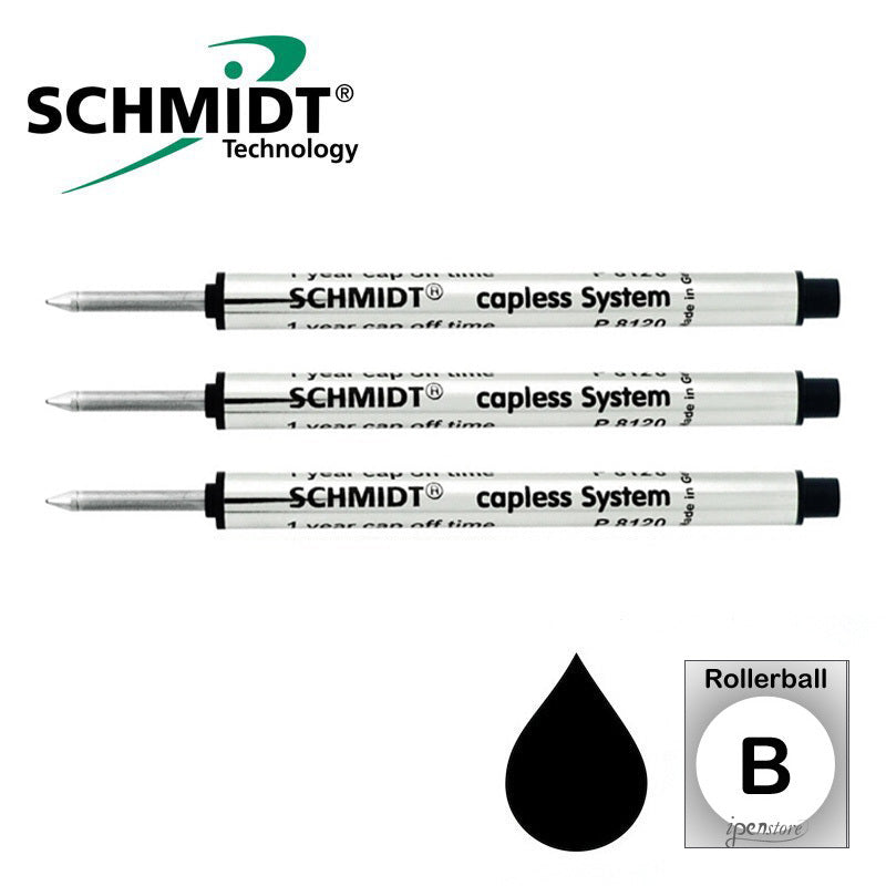 Pk/3 Schmidt P8120 Short Capless Rollerball Refills, Black, Broad 1.0 mm