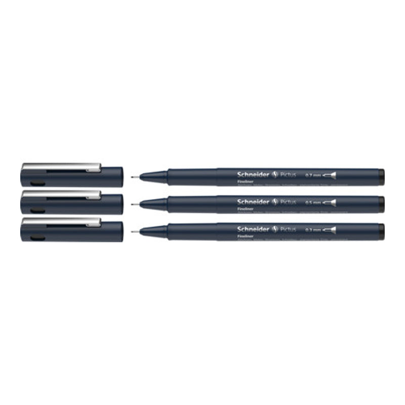 Pack/3 Schneider Pictus Technical Fineliner Pens, Black, .3 - .5 - .7mm Tips