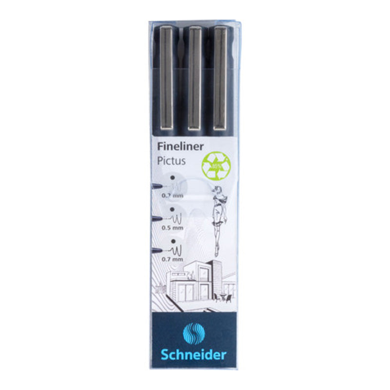Pack/3 Schneider Pictus Technical Fineliner Pens, Black, .3 - .5 - .7mm Tips