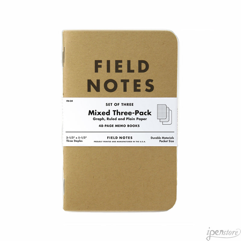 Pack of 3 Field Notes, Kraft Cover, 1 each Graph, Ruled & Plain Paper