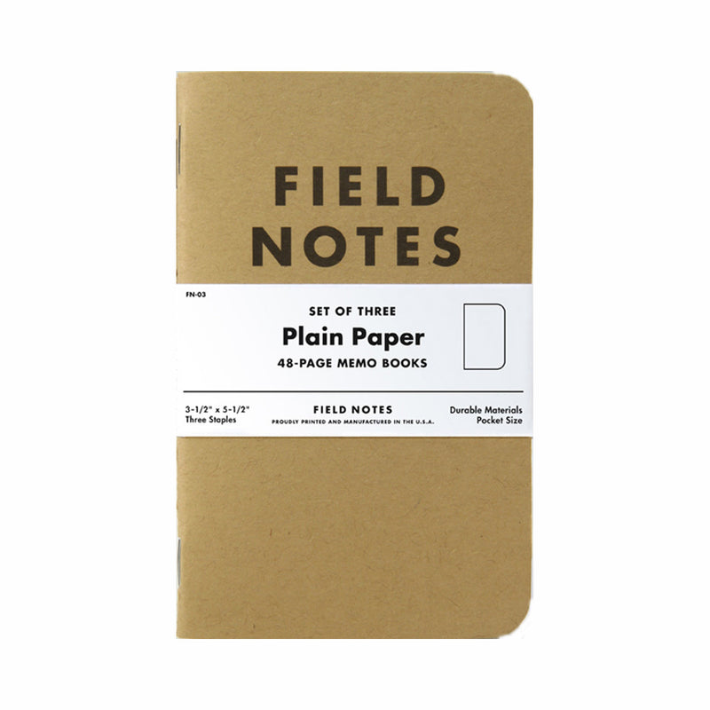 Pack of 3 Field Notes, Kraft Cover, Plain Paper