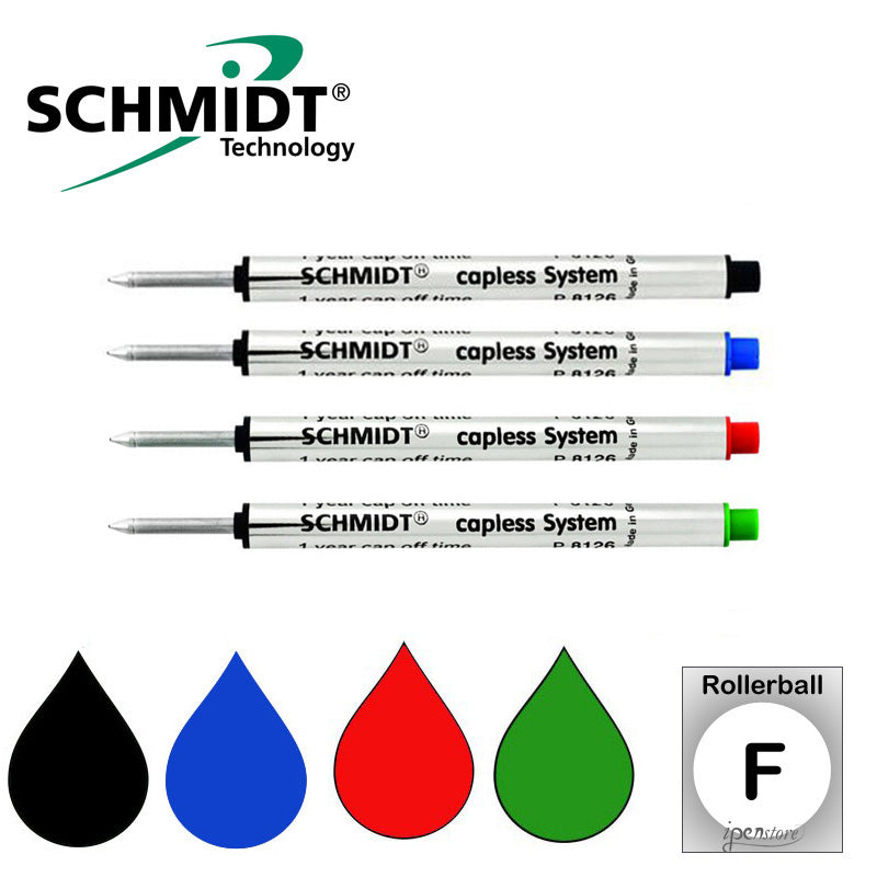 Pk/4 Schmidt P8126 Short Capless Rollerball Refills, Black-Blue-Red-Green, Fine 0.6 mm