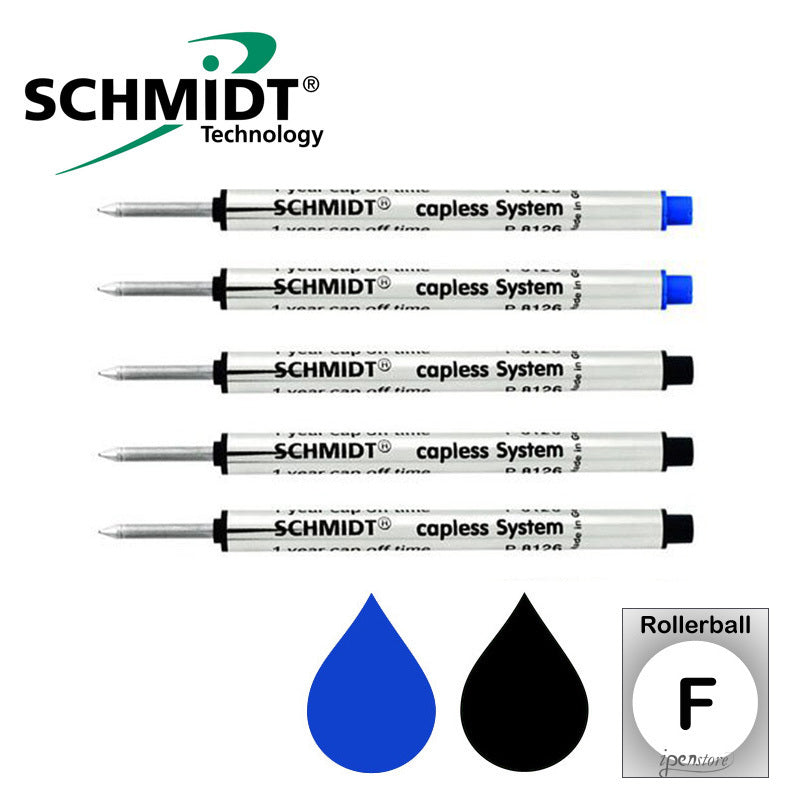 Pk/5 Schmidt P8126 Short Capless Rollerball Refills, 3-Black, 2-Blue, Fine 0.6 mm