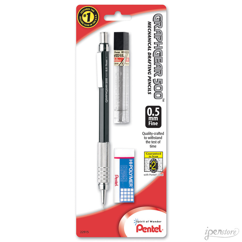 Pentel GraphGear 500 Mechanical Pencil with Lead & Eraser, Black, 0.5