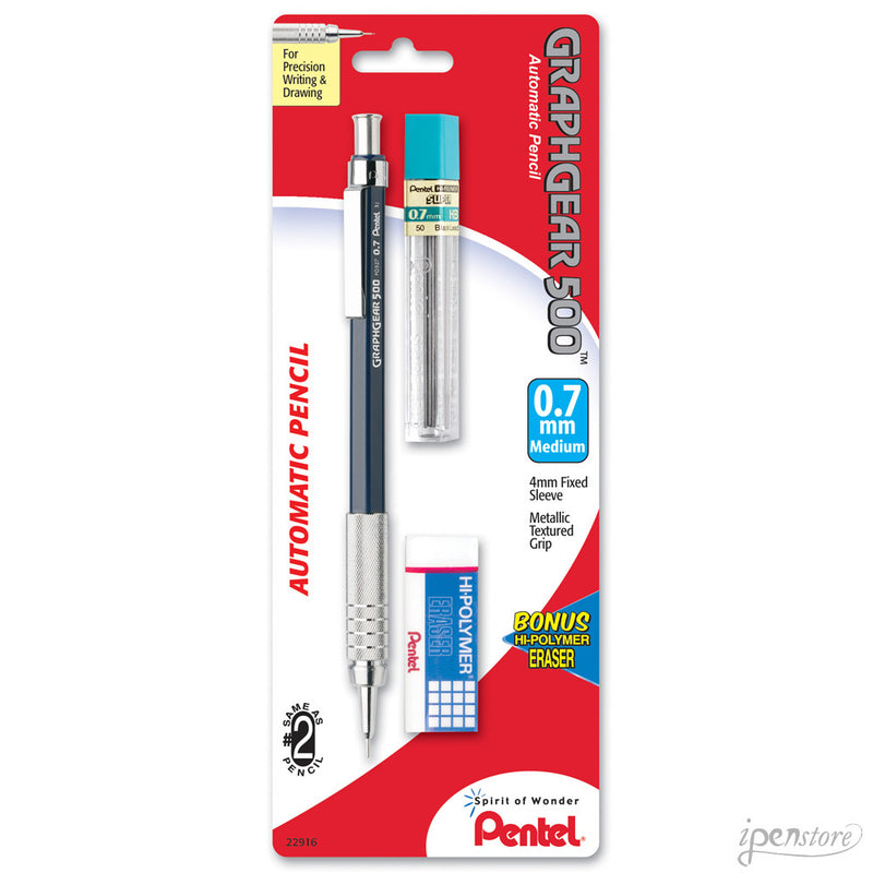 Pentel GraphGear 500 Mechanical Pencil with Lead & Eraser, Blue 0.7 mm
