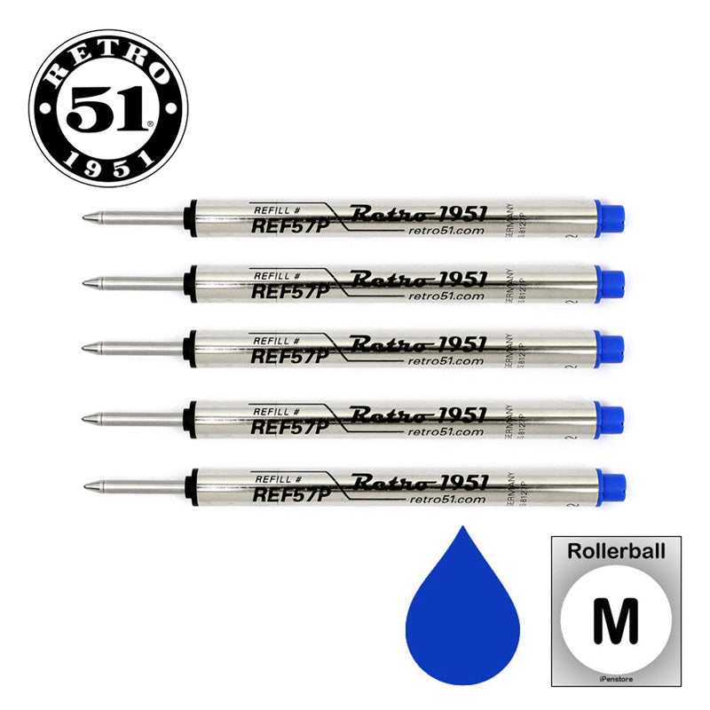 Pack of 5 Retro 51 REF57P (REF5P) Capless Rollerball Refill Tornado Pens, Blue