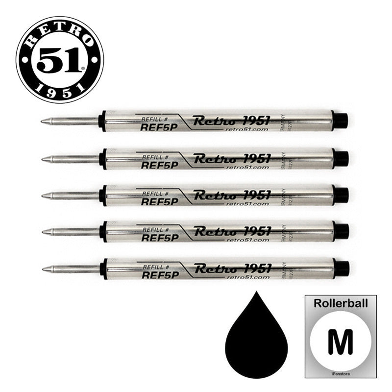 Pack of 5 Retro 51 REF5P-B Capless Rollerball Refill for Tornado Pens, Black