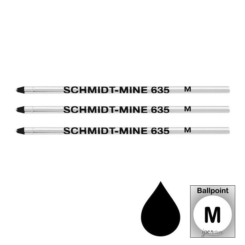 3 Pack - Schmidt 635 D1 Ballpoint Refills for Mini & Multi-Pens, Black Medium