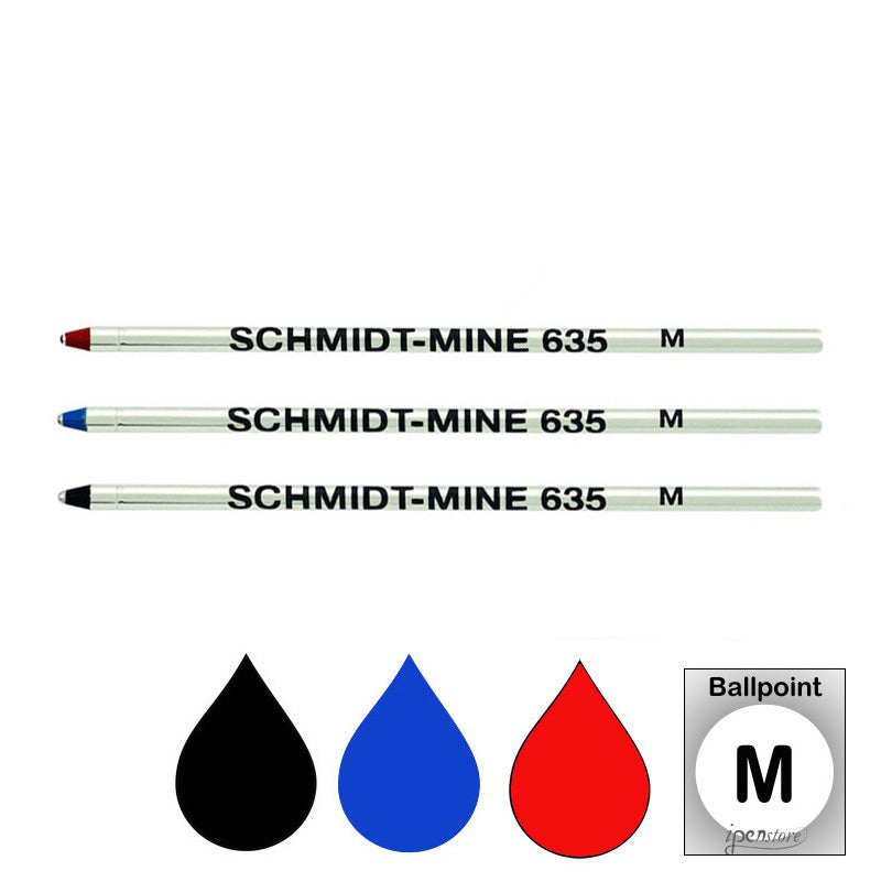 3 Pack - Schmidt 635 D1 Ballpoint Refills for Mini & Multi-Pens, Black Blue Red