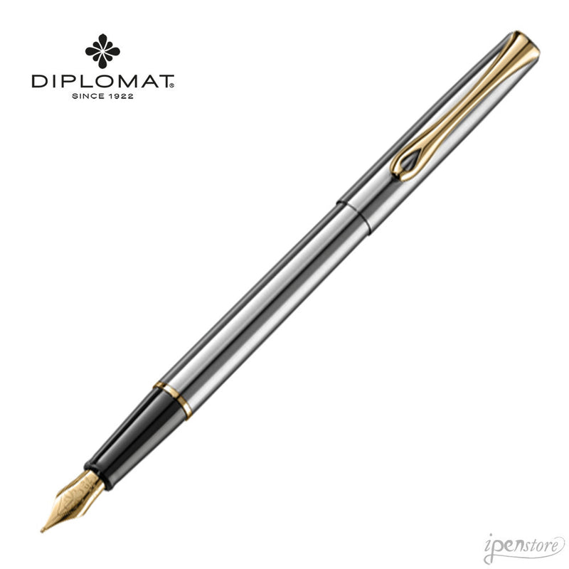 Diplomat Traveller Fountain Pen, Stainless Steel, Gold Trim, Fine Nib