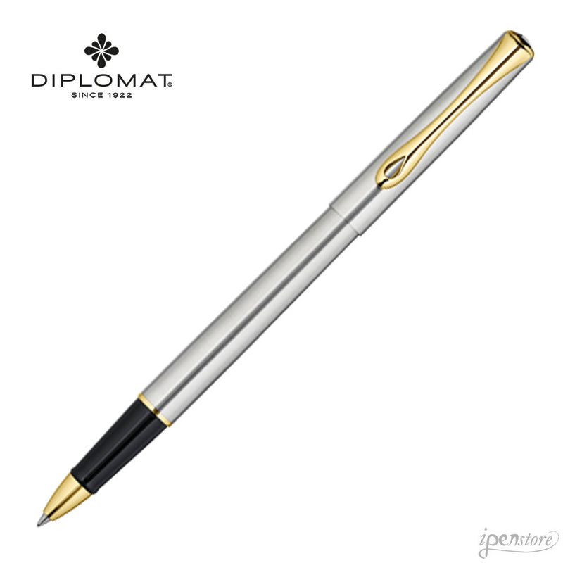 Diplomat Traveller Rollerball Pen, Stainless Steel, Gold Trim