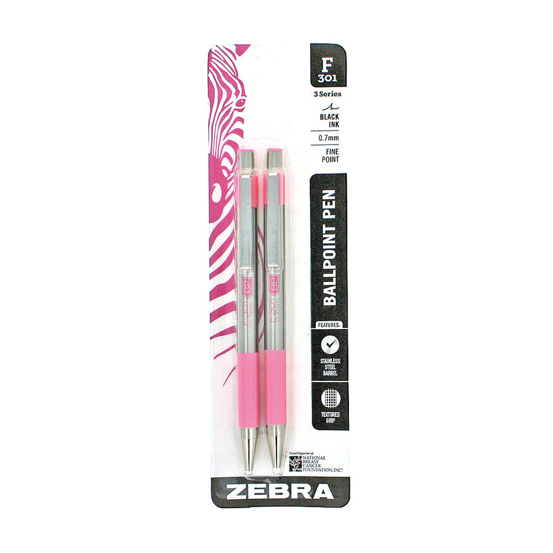 Pk/2 Zebra F-301 Stainless Steel Barrel Ballpoint Pens, Pink